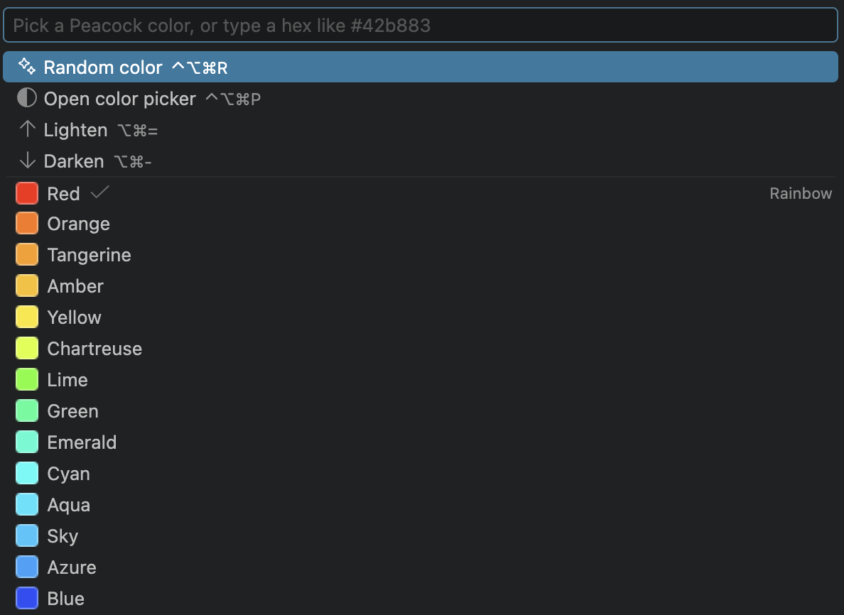 The color menu, listing named colors with swatches and keyboard shortcuts
