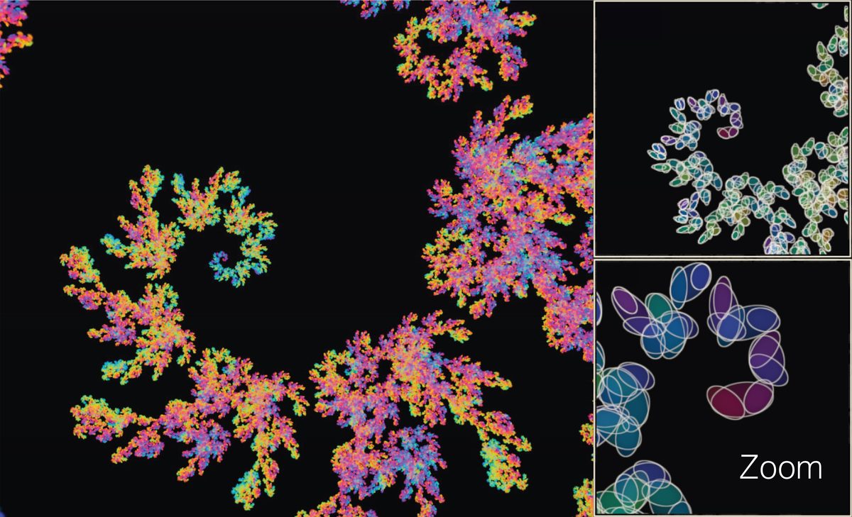 The folded dragon, the normal render on the left half and the individual Gaussians on the right