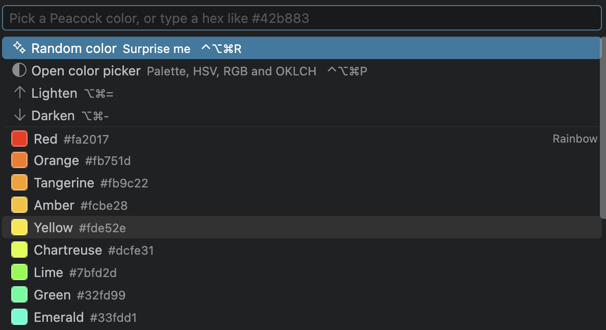 The color menu, listing named colors with swatches and keyboard shortcuts
