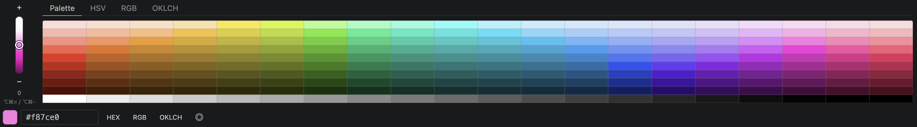 The full picker with Palette, HSV, RGB and OKLCH tabs