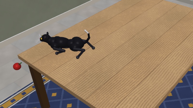 A simulated black cat standing at the edge of a wooden table, an apple falling off the edge beside it